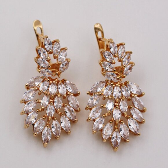 18K Yellow Gold Filled Multi Layer Flower Leaf Diamond Zircon Earrings Gorgeous - Picture 3 of 4